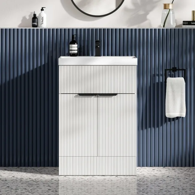 Havana Fluted Coastal White Basin Vanity 600mm - Black Accents