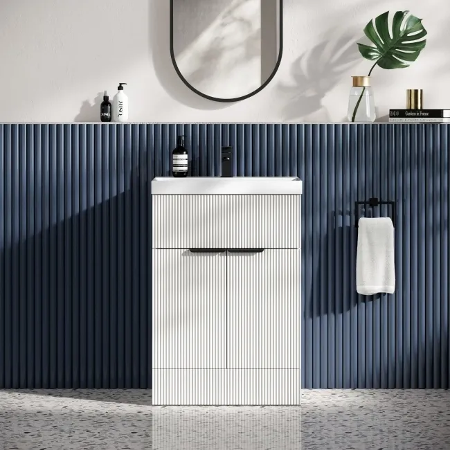 Havana Fluted Coastal White Basin Vanity 600mm - Black Accents