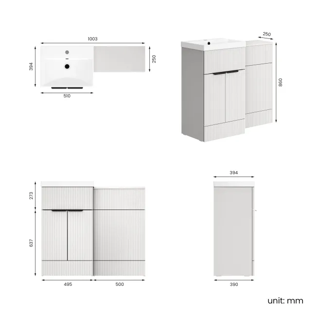 Havana Fluted Coastal White Basin Vanity and Back To Wall Toilet Unit 1000mm (Excludes Toilet) - Black Accents