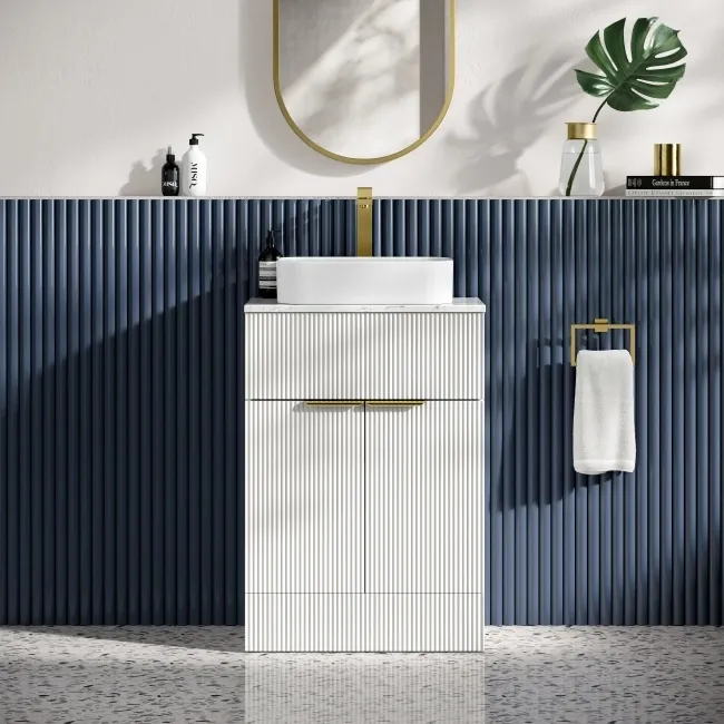 Havana Fluted Coastal White Cabinet with Marble Top & Marin Basin 600mm - Brushed Brass Accents