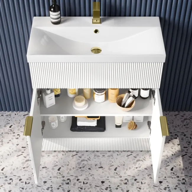 Havana Fluted Coastal White Basin Vanity 800mm - Brushed Brass Accents