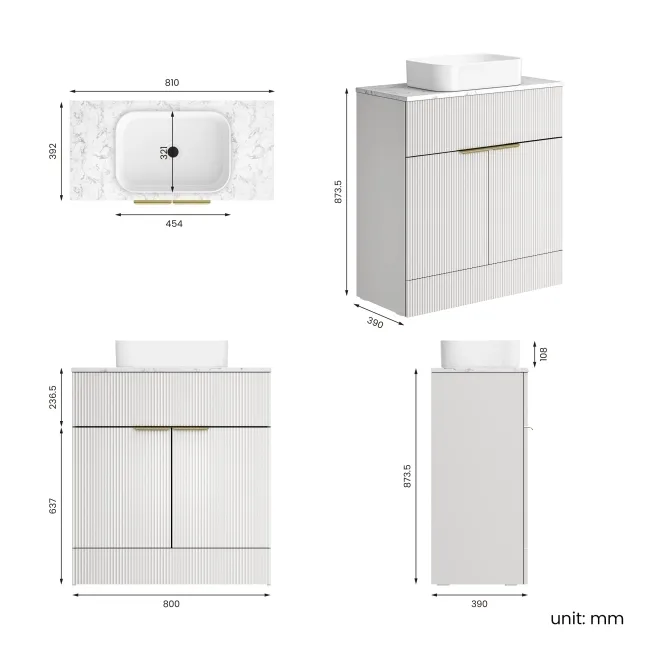 Havana Fluted Coastal White Cabinet with Marble Top & Marin Basin 800mm - Brushed Brass Accents