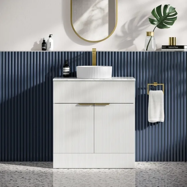 Havana Fluted Coastal White Cabinet with Marble Top & Nevis Basin 800mm - Brushed Brass Accents