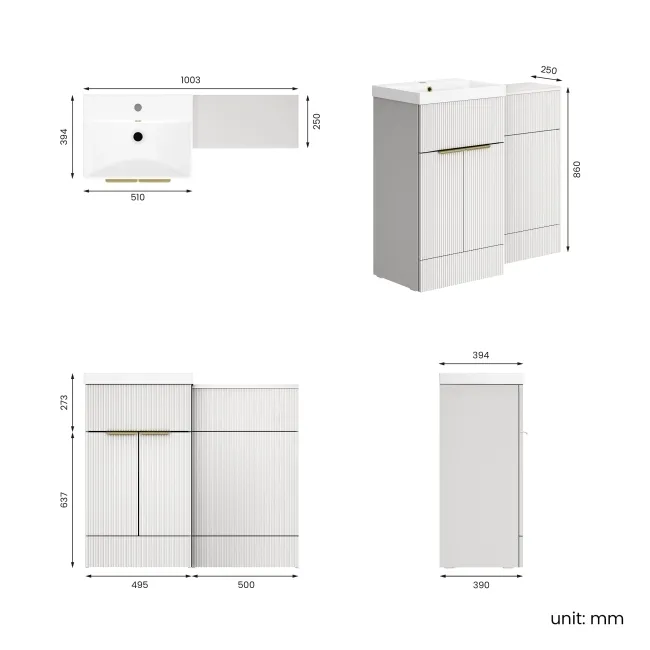 Havana Fluted Coastal White Basin Vanity and Back To Wall Toilet Unit 1000mm (Excludes Toilet) - Brushed Brass Accents