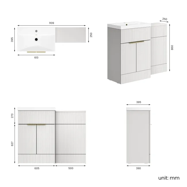 Havana Fluted Coastal White Basin Vanity and Back To Wall Toilet Unit 1100mm (Excludes Toilet) - Brushed Brass Accents