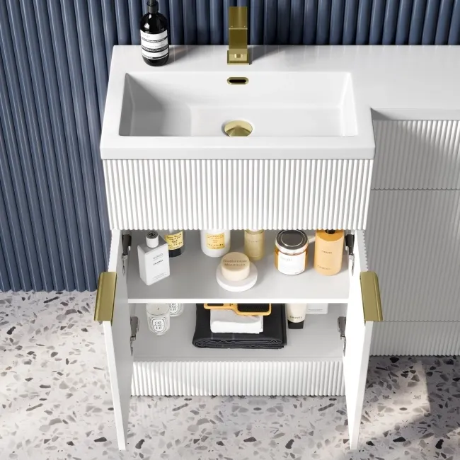 Havana Fluted Coastal White Basin Vanity and Back To Wall Toilet Unit 1100mm (Excludes Toilet) - Brushed Brass Accents - Left Handed