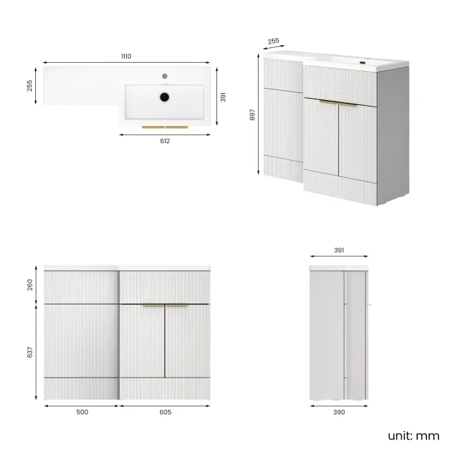 Havana Fluted Coastal White Basin Vanity and Back To Wall Toilet Unit 1100mm (Excludes Toilet) - Brushed Brass Accents - Right Handed