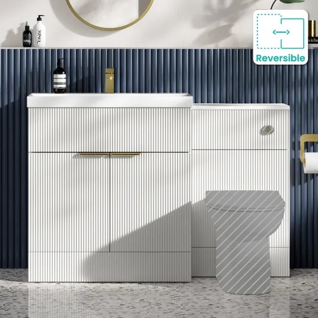 Havana Fluted Coastal White Basin Vanity and Back To Wall Toilet Unit 1300mm (Excludes Toilet) - Brushed Brass Accents