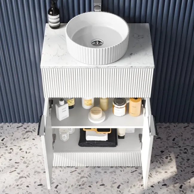 Havana Fluted Coastal White Cabinet with Marble Top & Nevis Basin 600mm - Chrome Handles