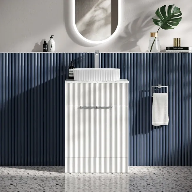 Havana Fluted Coastal White Cabinet with Marble Top & Reno Basin 600mm - Chrome Handles