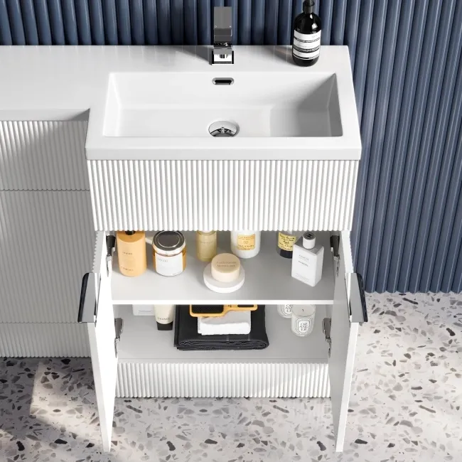 Havana Fluted Coastal White Basin Vanity and Back To Wall Toilet Unit 1100mm (Excludes Toilet) - Chrome Handles - Right Handed