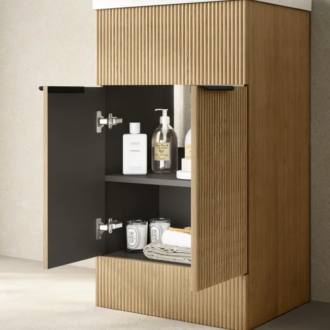 Havana Fluted Country Oak Basin Vanity and Back To Wall Toilet Unit 1000mm (Excludes Toilet) - Black Accents