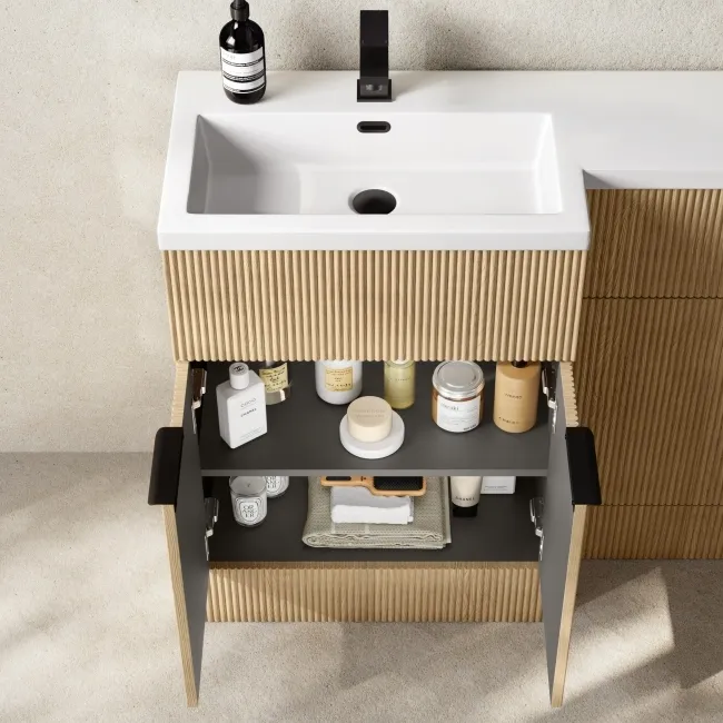 Havana Fluted Country Oak Combination Vanity Basin and Utah Comfort Height Toilet 1100mm - Black Accents - Left Handed
