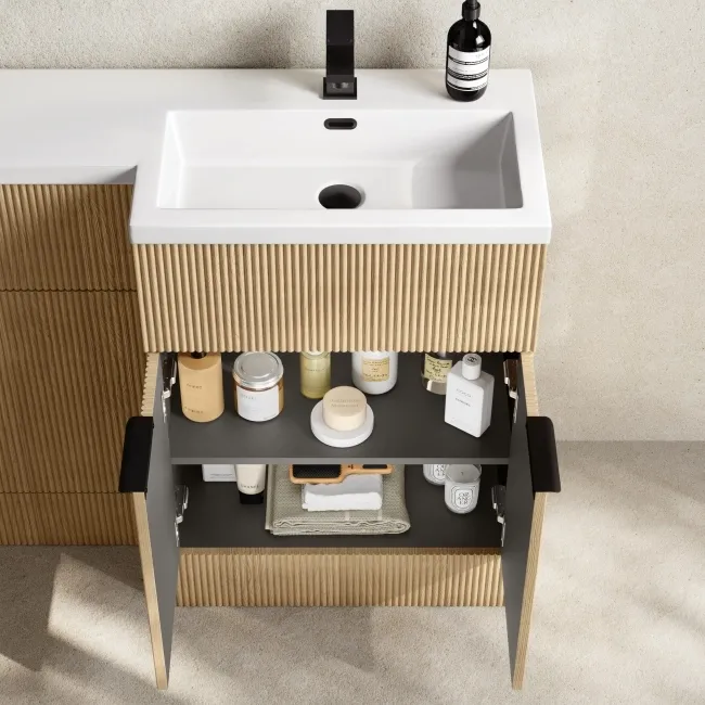 Havana Fluted Country Oak Combination Vanity Basin and Utah Comfort Height Toilet 1100mm - Black Accents - Right Handed