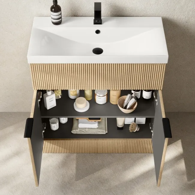 Havana Fluted Country Oak Combination Vanity Basin and Miami Toilet 1300mm - Black Accents