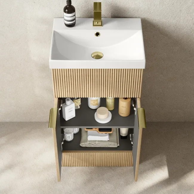 Havana Fluted Country Oak Basin Vanity and Back To Wall Toilet Unit 1000mm (Excludes Toilet) - Brushed Brass Accents