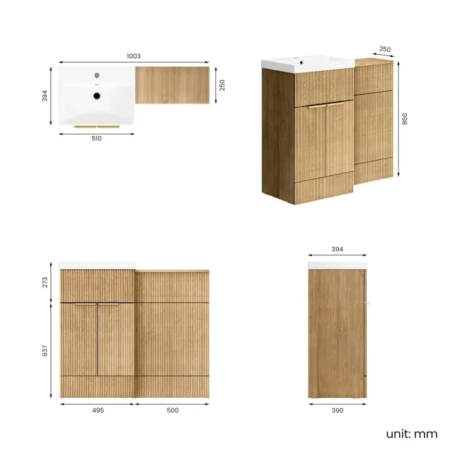 Havana Fluted Country Oak Basin Vanity and Back To Wall Toilet Unit 1000mm (Excludes Toilet) - Brushed Brass Accents