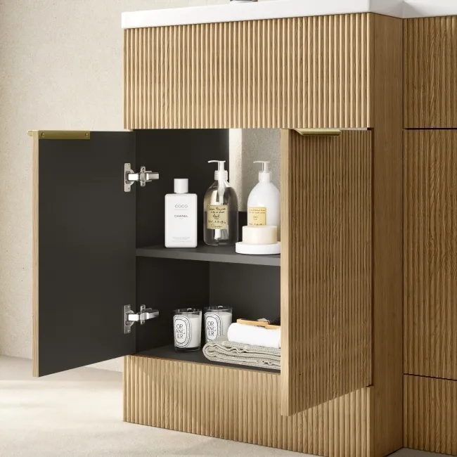 Havana Fluted Country Oak Basin Vanity and Back To Wall Toilet Unit 1100mm (Excludes Toilet) - Brushed Brass Accents - Left Handed