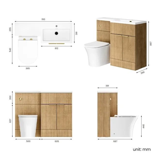 Havana Fluted Country Oak Combination Vanity Basin and Tucson Toilet 1100mm - Brushed Brass Accents - Right Handed