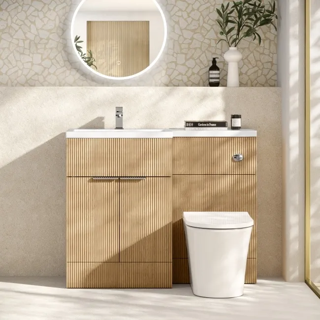 Havana Fluted Country Oak Combination Vanity Basin and Tucson Toilet 1100mm - Chrome Handles - Left Handed