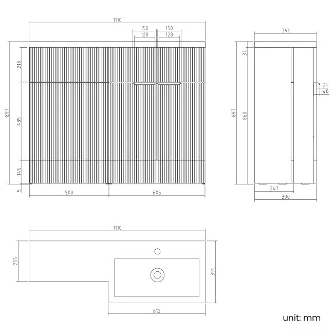 Havana Fluted Country Oak Basin Vanity and Back To Wall Toilet Unit 1100mm (Excludes Toilet) - Chrome Handles - Right Handed