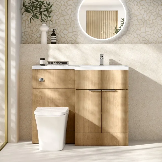 Havana Fluted Country Oak Combination Vanity Basin and Houston Toilet 1100mm - Chrome Handles - Right Handed