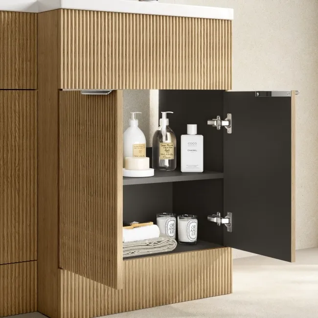 Havana Fluted Country Oak Combination Vanity Basin and Utah Comfort Height Toilet 1100mm - Chrome Handles - Right Handed