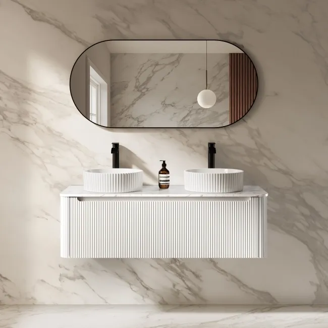Sorrento Fluted Coastal White Double Wall Hung Drawer Vanity with Marble Top & Nevis Basin 1200mm