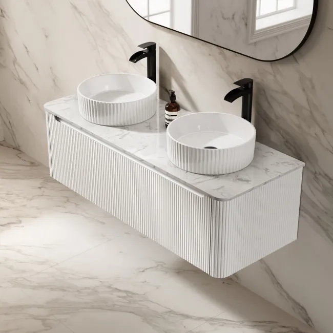 Sorrento Fluted Coastal White Double Wall Hung Drawer Vanity with Marble Top & Nevis Basin 1200mm