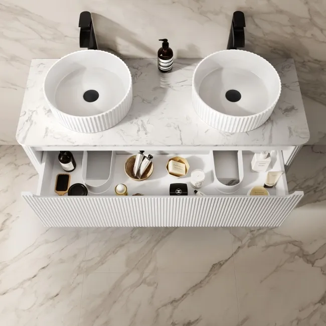 Sorrento Fluted Coastal White Double Wall Hung Drawer Vanity with Marble Top & Nevis Basin 1200mm