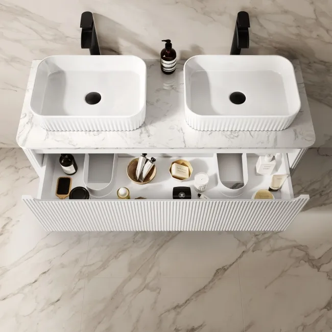 Sorrento Fluted Coastal White Double Wall Hung Drawer Vanity with Marble Top & Reno Basin 1200mm