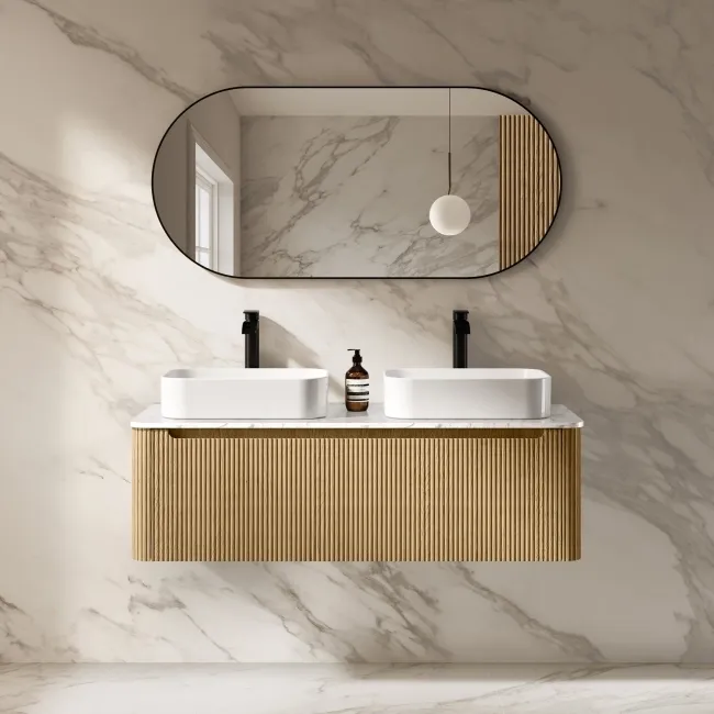 Sorrento Fluted Country Oak Double Wall Hung Drawer Vanity with Marble Top & Marin Basin 1200mm