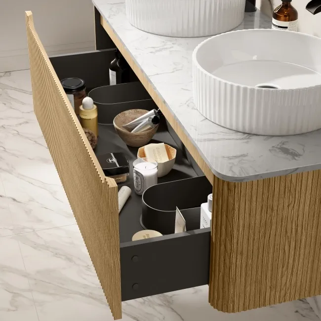 Sorrento Fluted Country Oak Double Wall Hung Drawer Vanity with Marble Top & Nevis Basin 1200mm