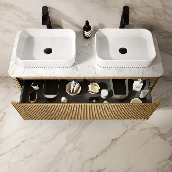 Sorrento Fluted Country Oak Double Wall Hung Drawer Vanity with Marble Top & Reno Basin 1200mm
