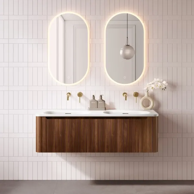 Sorrento Fluted Black Walnut Wall Hung Drawer Vanity with Matt White Double Basin 1200mm