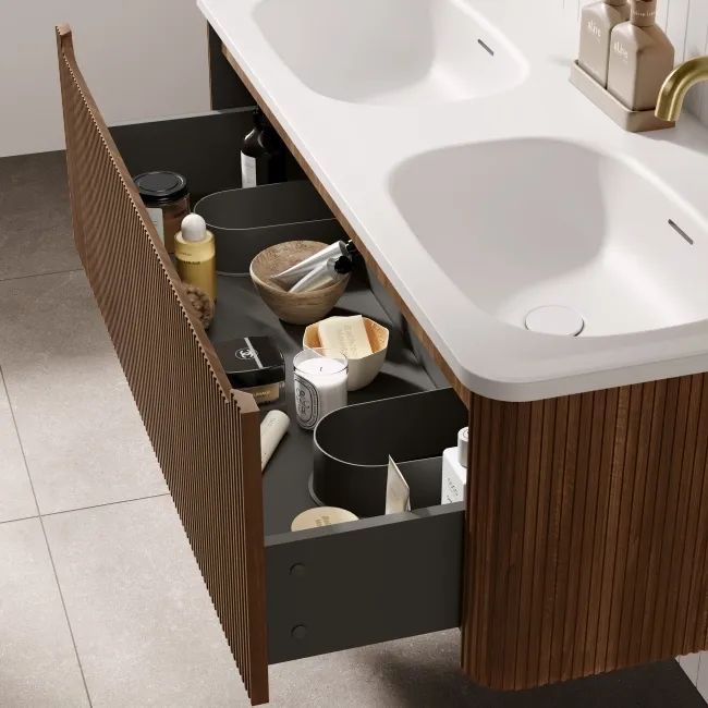 Sorrento Fluted Black Walnut Wall Hung Drawer Vanity with Matt White Double Basin 1200mm