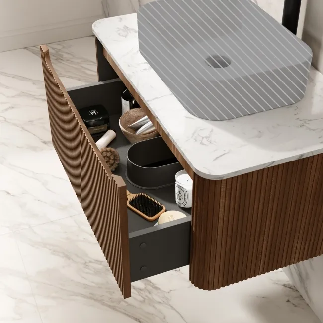 Sorrento Fluted Black Walnut Wall Hung Drawer Vanity with Marble Top 800mm - Excludes Counter Top Basin