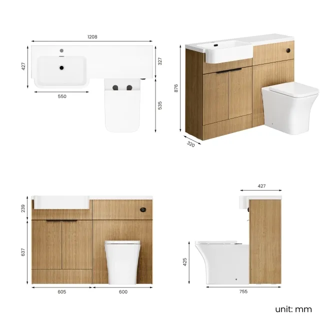 Sicily Fluted Country Oak Combination Vanity Basin and Houston Toilet 1200mm - Black Accents - Left Handed
