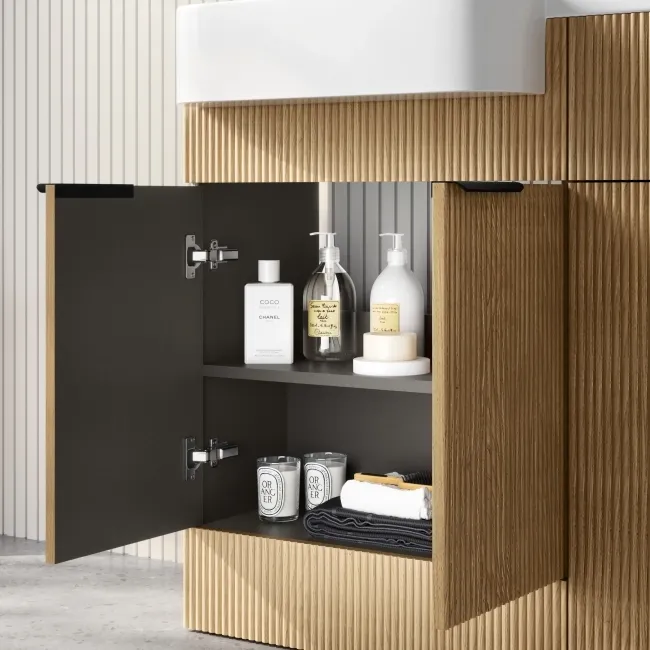 Sicily Fluted Country Oak Combination Vanity Basin and Utah Comfort Height Toilet 1200mm - Black Accents - Left Handed