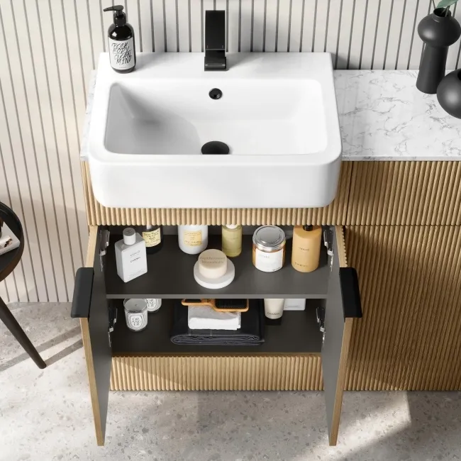 Sicily Fluted Country Oak Basin Vanity with Marble Top & Back To Wall Unit 1200mm (Excludes Toilet) - Black Accents
