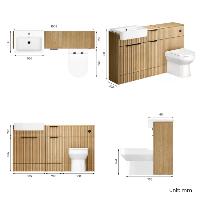 Sicily Fluted Country Oak Combination Vanity Basin and Miami Toilet 1500mm - Black Accents