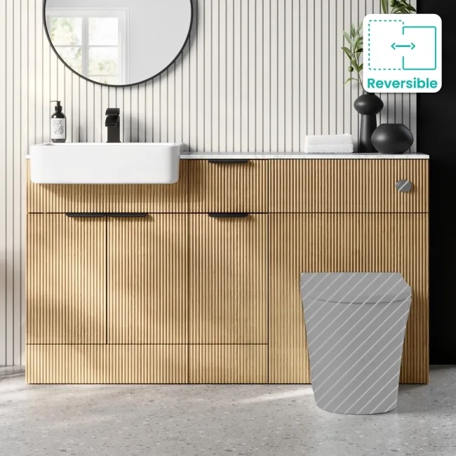 Sicily Fluted Country Oak Combination Vanity Basin with Marble Top 1500mm (Excludes Toilet) - Black Accents