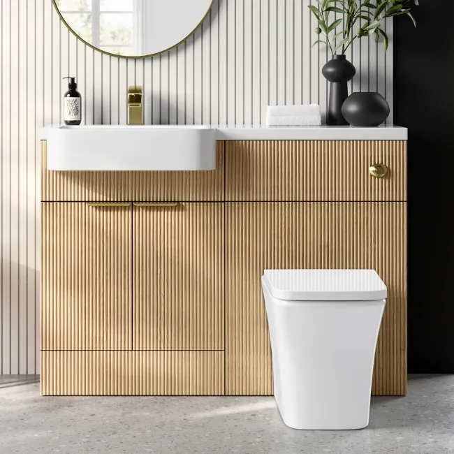 Sicily Fluted Country Oak Combination Vanity Basin and Houston Toilet 1200mm - Brushed Brass Accents - Left Handed