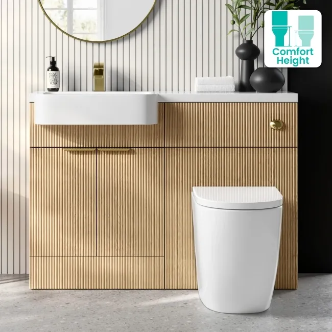 Sicily Fluted Country Oak Combination Vanity Basin and Utah Comfort Height Toilet 1200mm - Brushed Brass Accents - Left Handed