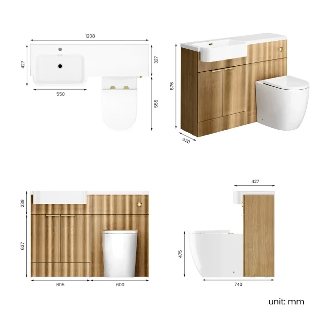 Sicily Fluted Country Oak Combination Vanity Basin and Utah Comfort Height Toilet 1200mm - Brushed Brass Accents - Left Handed