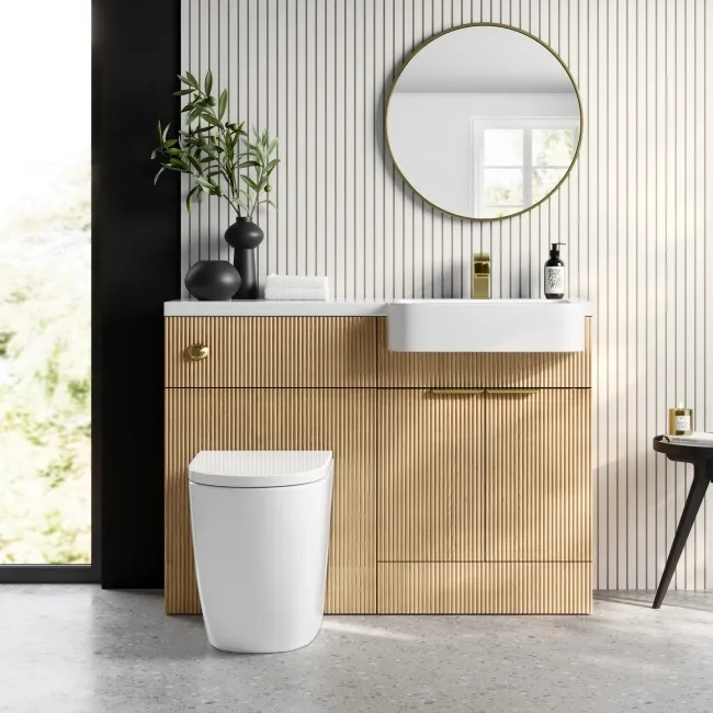 Sicily Fluted Country Oak Combination Vanity Basin and Utah Comfort Height Toilet 1200mm - Brushed Brass Accents - Right Handed