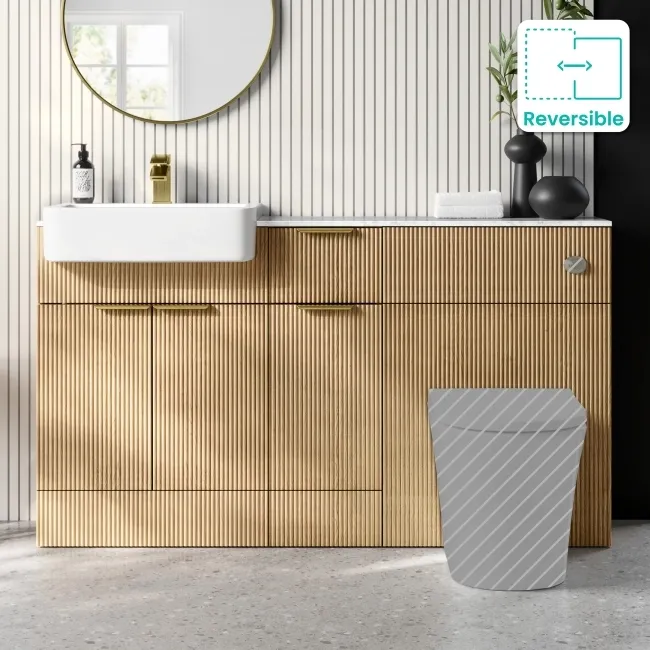 Sicily Fluted Country Oak Combination Vanity Basin with Marble Top 1500mm (Excludes Toilet) - Brushed Brass Accents