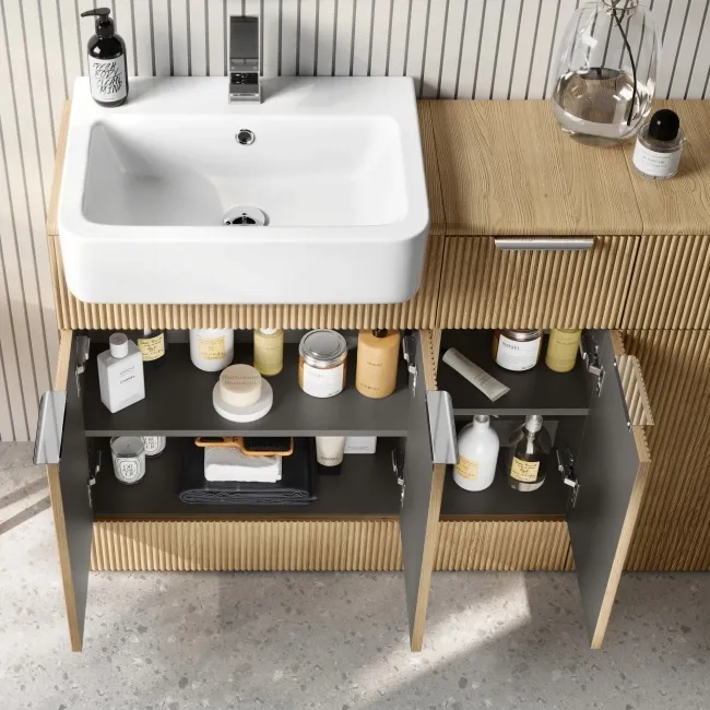 Sicily Fluted Country Oak Combination Vanity Basin and Aruba Toilet 1500mm - Chrome Handles