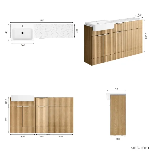 Sicily Fluted Country Oak Combination Vanity Basin with Marble Top 1500mm (Excludes Toilet) - Chrome Handles
