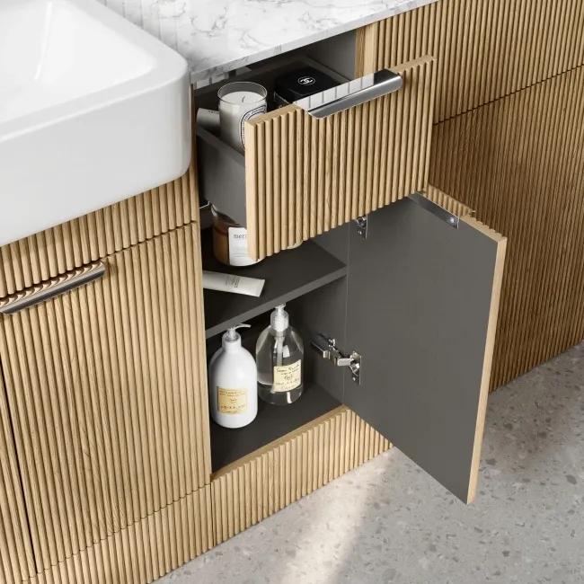 Sicily Fluted Country Oak Combination Vanity Basin with Marble Top & Utah Comfort Height Toilet 1500mm - Chrome Handles